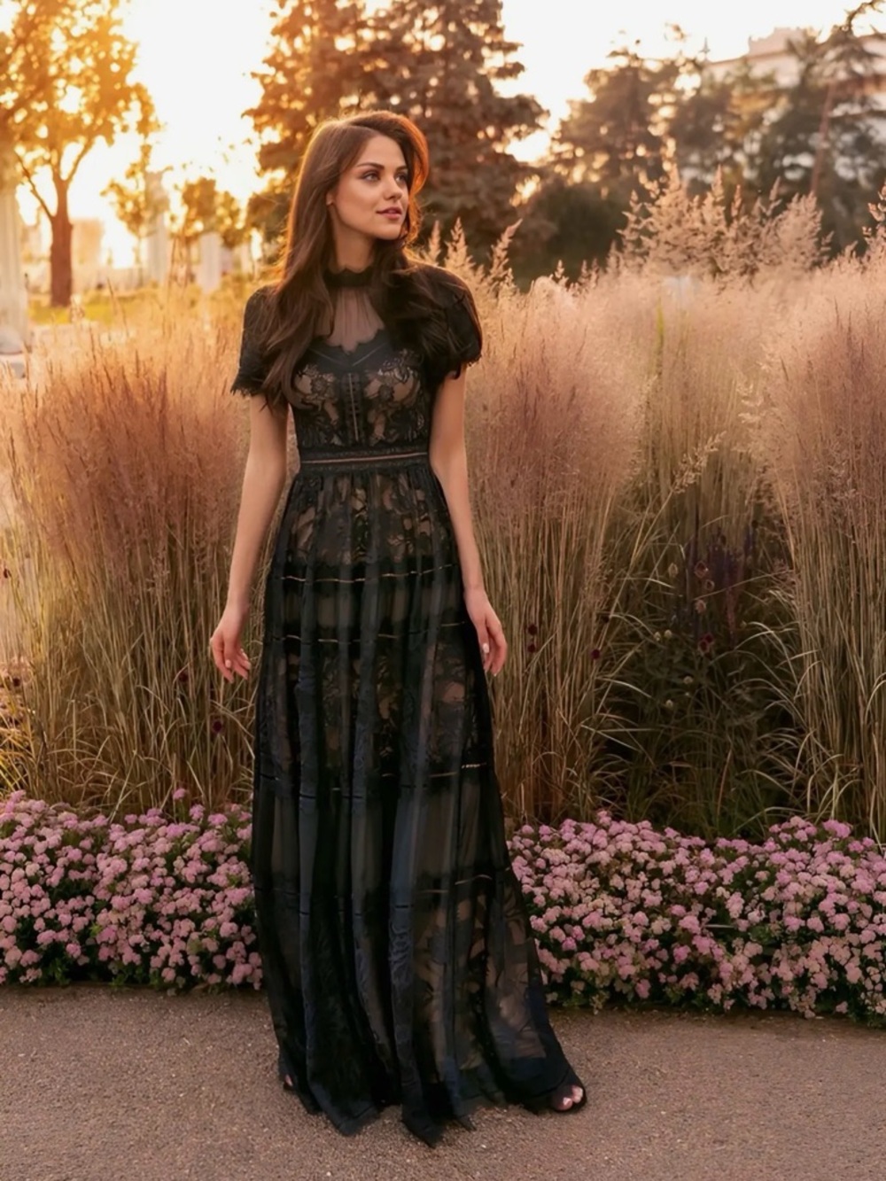 Couture Elegant Black Lace Maxi Gown -black medium